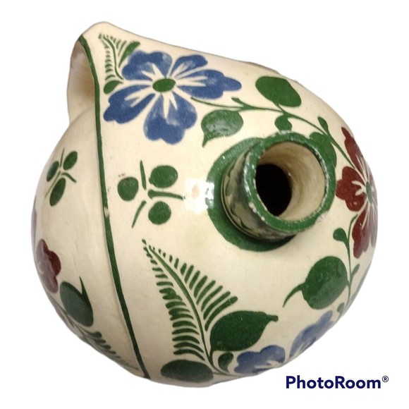 Hand Painted Oil Pitcher Floral Blue Green Made in Mexico Round-ish Shape - Picture 5 of 8